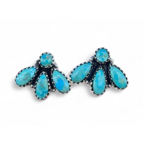 Sterling Silver Southwestern Turquoise Cluster Stud Earrings Native Style - Picture 1 of 8